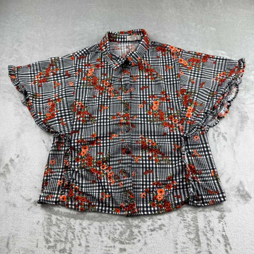 Passport Women's Gingham Floral Flutter Sleeve Button Down Top Large